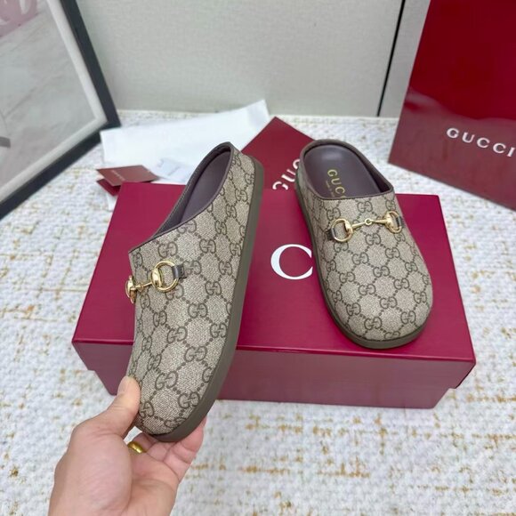 Gucci Beige and Brown Mules with Gold Accents - Picture 1 of 8